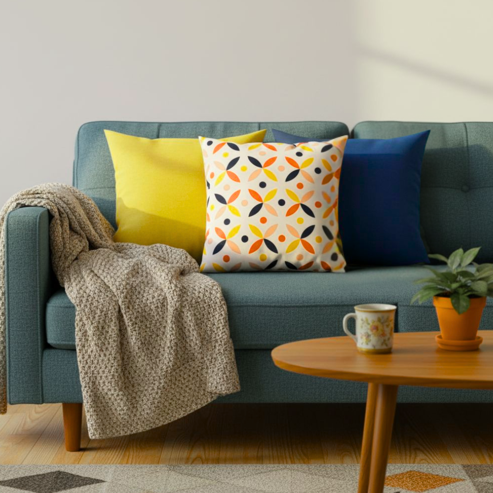 Poduszka dekoracyjna geometryczny wzór granat róż pomarańcz Velvet 45cm na 45cm - obrazek 2